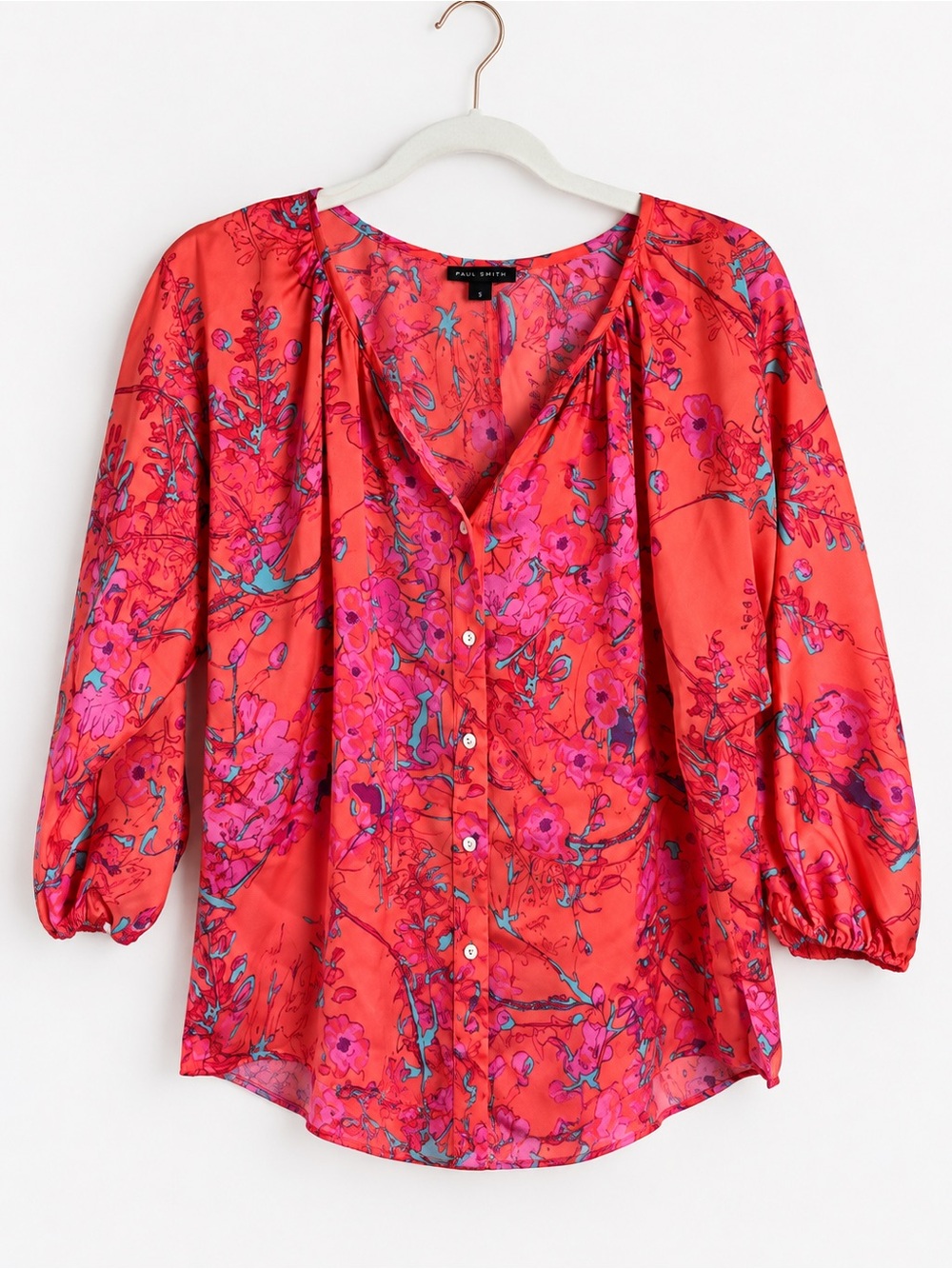 Willie Smith Floral Blouse Feminine Romantic Coral Button Front Peasant Top